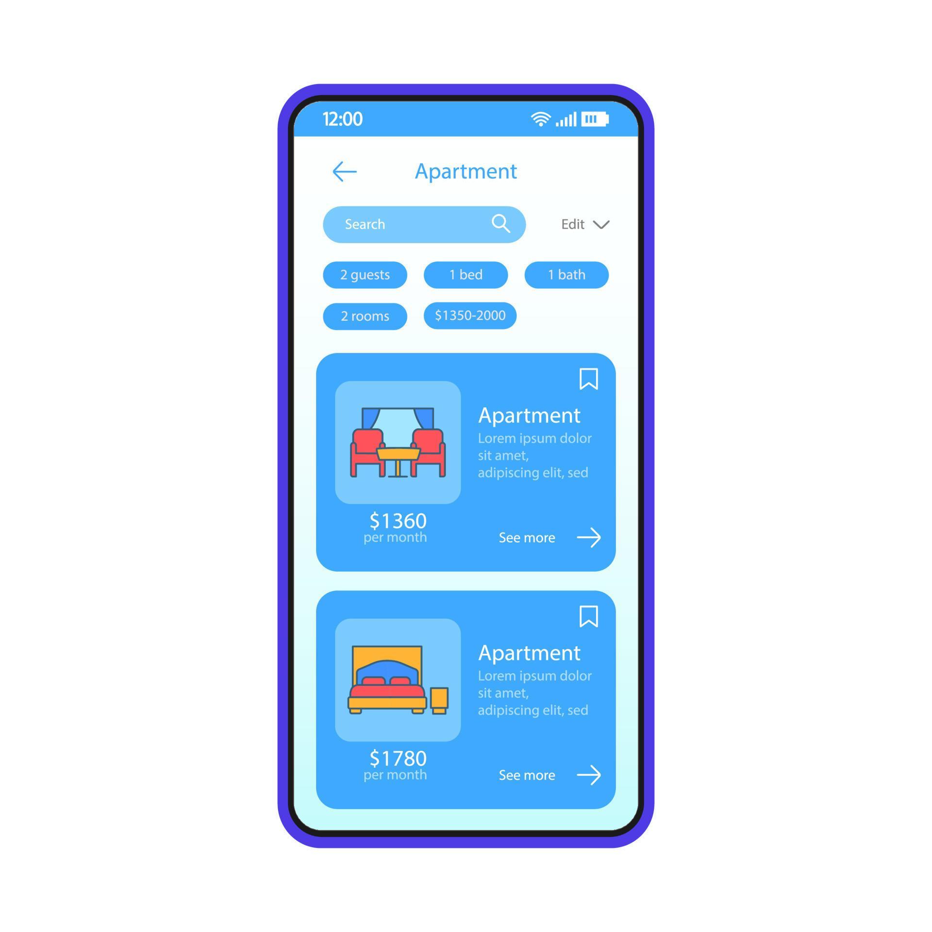 Apartment booking app interface vector template. Mobile app interface