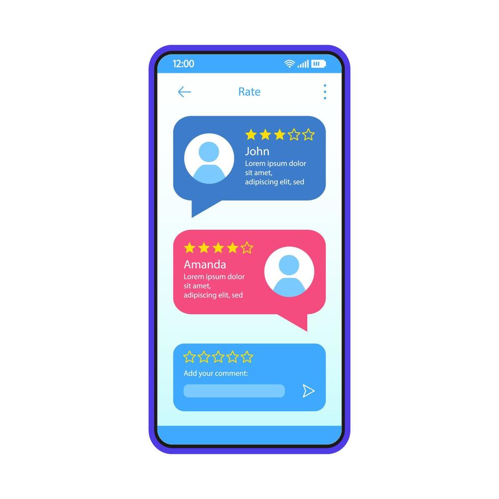 Consumers feedback interface vector template. Mobile app interface blue design layout. Service or application users rating. Flat UI. Phone display with chat boxes and people rating