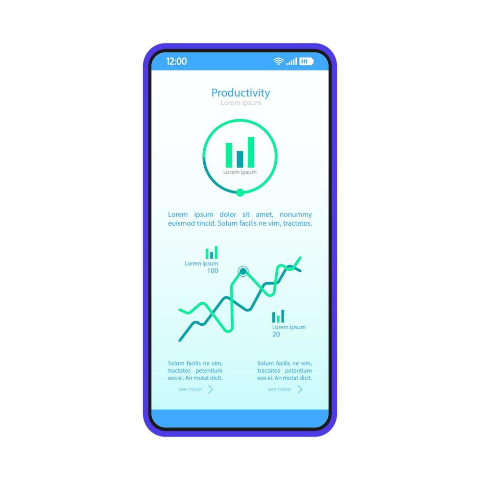 Smartphone dashboard interface vector template. Mobile productivity page blue design layout. Statistics screen. Flat application UI. Data analysis app. Phone display with analytics diagram