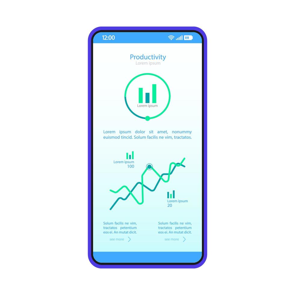 plantilla de vector de interfaz de tablero de teléfono inteligente. diseño de diseño azul de la página de productividad móvil. pantalla de estadísticas. aplicación plana ui. aplicación de análisis de datos. pantalla del teléfono con diagrama de análisis