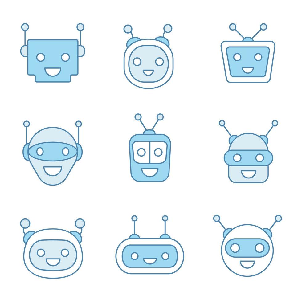 Chatbots color icons set. Modern robots emojis. Laughing, happy chat bot smileys. Virtual assistants. Isolated vector illustrations