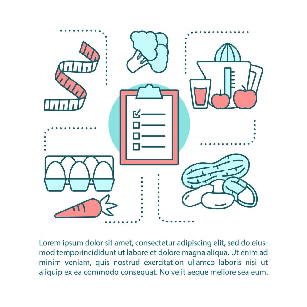 Healthy nutrition concept linear illustration. Diet, eaing. Article, brochure, magazine page layout with text boxes. Food products. Meal preparation. Print design. Vector isolated outline drawing