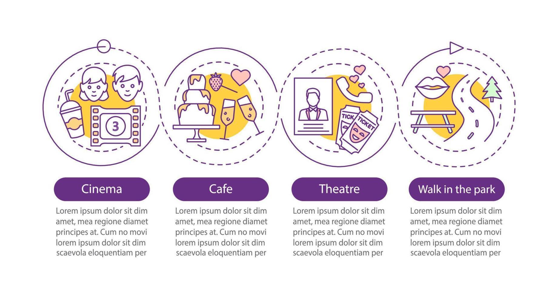 First date vector infographic template. Cinema, theater, cafe, park walk. Presentation. Data visualization with four steps and options. Process timeline chart. Workflow layout with linear icons