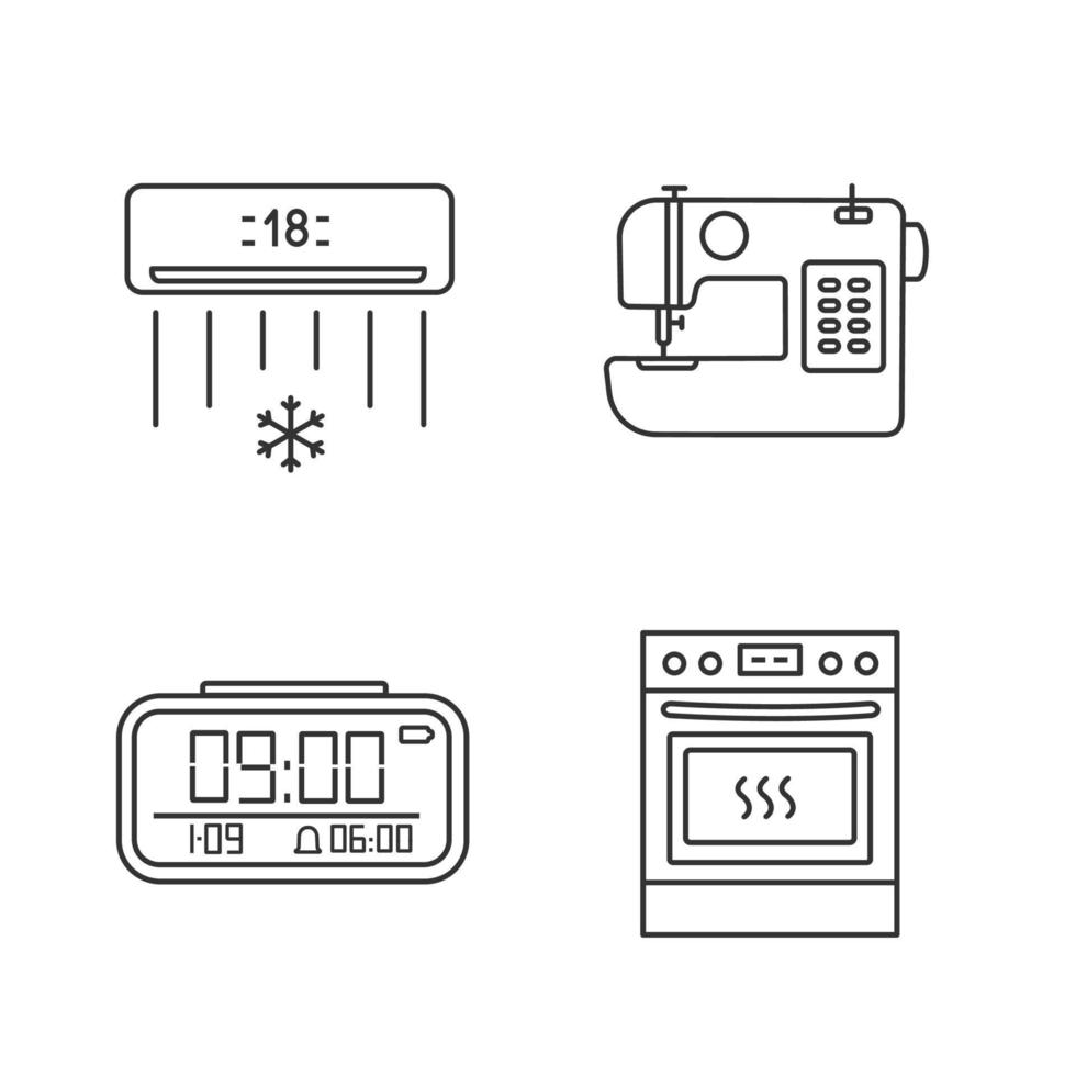 conjunto de iconos lineales de electrodomésticos. aire acondicionado, máquina de coser, reloj digital, estufa de cocina. símbolos de contorno de línea delgada. ilustraciones aisladas de contorno vectorial. trazo editable vector