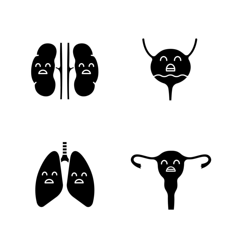 Sad human internal organs glyph icons set. Unhappy kidneys, urinary bladder, lungs, uterus. Unhealthy pulmonary, urinary, reproductive systems. Silhouette symbols. Vector isolated illustration