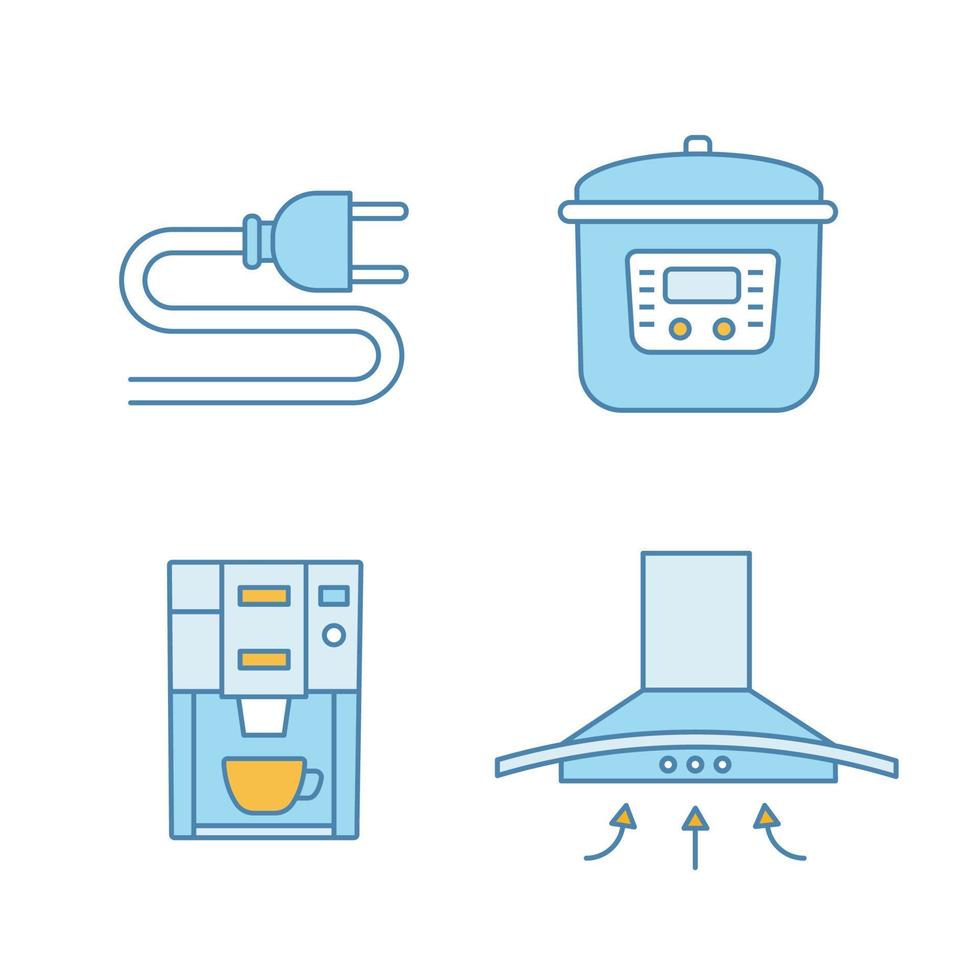 conjunto de iconos de color de electrodomésticos. enchufe eléctrico, multicooker, cafetera, campana extractora. ilustraciones de vectores aislados