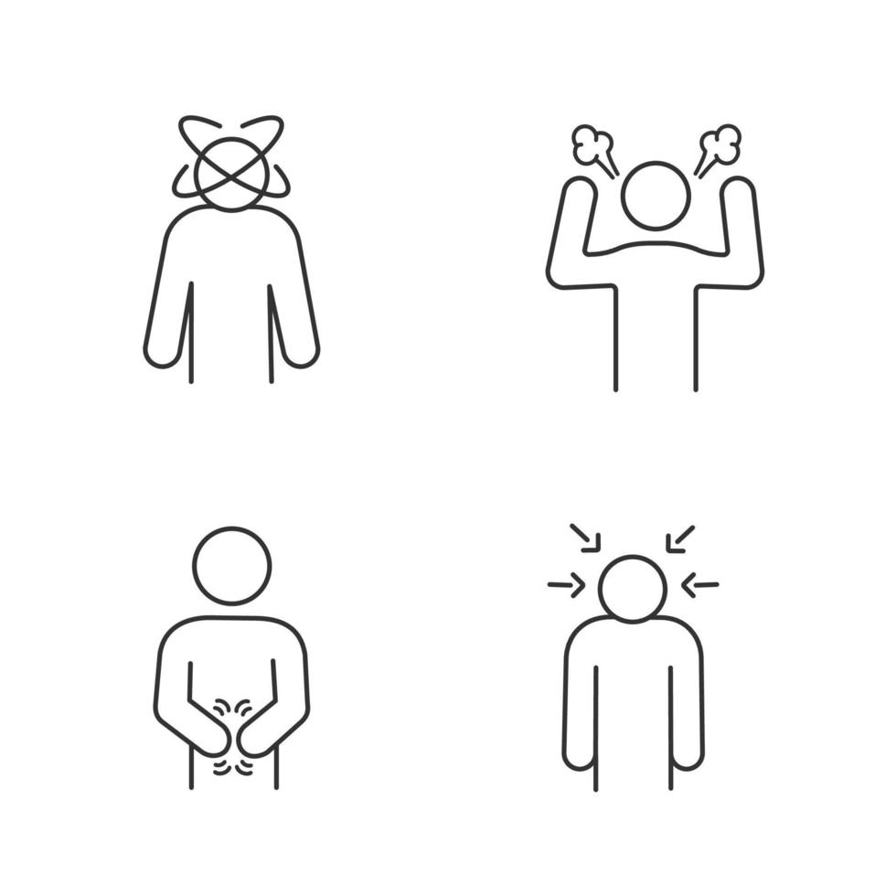 Emotional stress linear icons set. Dizziness, anger, indigestion, nervous tension. Thin line contour symbols. Isolated vector outline illustrations. Editable stroke