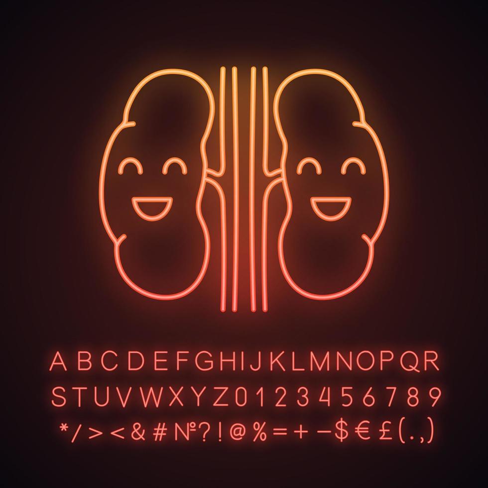 Smiling human kidneys neon light icon. Healthy urinary tract. Urinary system health. Glowing sign with alphabet, numbers and symbols. Vector isolated illustration