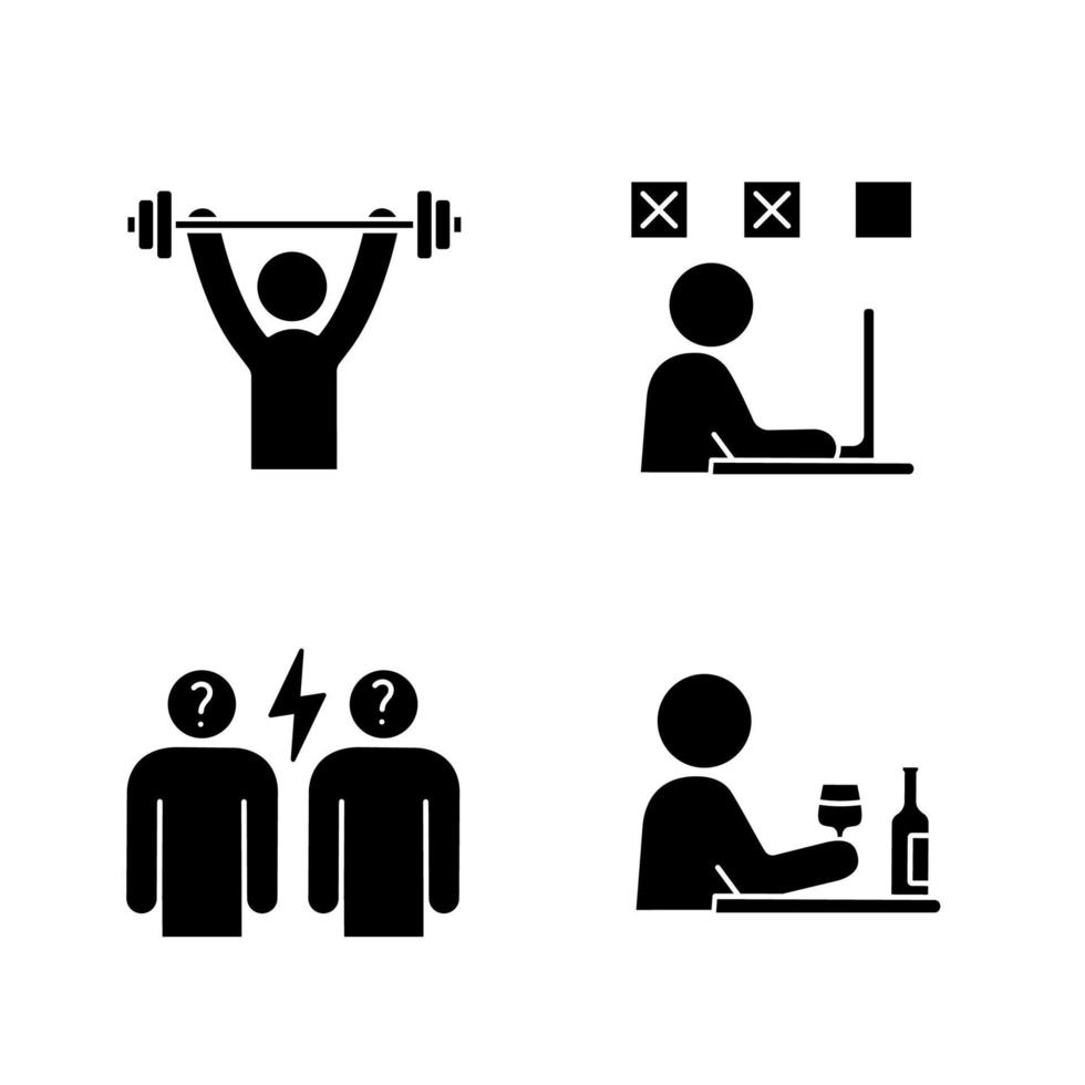 Emotional stress glyph icons set. Sport exercise, making mistakes, conflict, alcoholism. Silhouette symbols. Vector isolated illustration