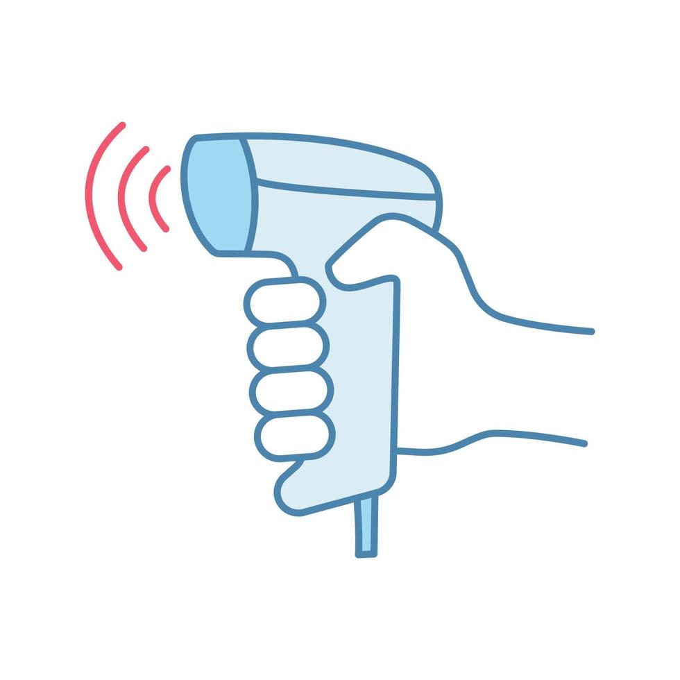 Wireless barcode scanning color icon. Wifi barcode and QR code bar codes handheld scanner. Cashiers hand. Hand holding bar codes reading device. Isolated vector illustration