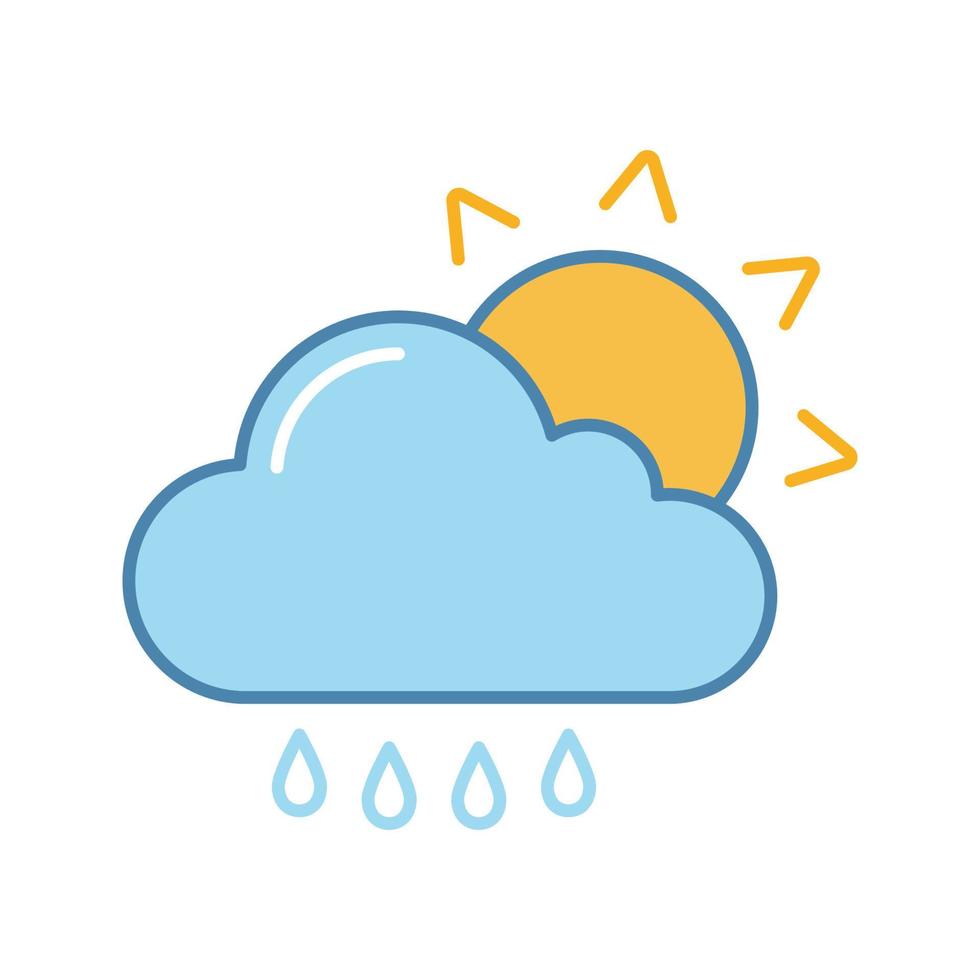 Rain with sun color icon. Sunny and rainy weather. Light rain. Drizzle, scattered shower. Cloud, sun and raindrops. Weather forecast. Isolated vector illustration