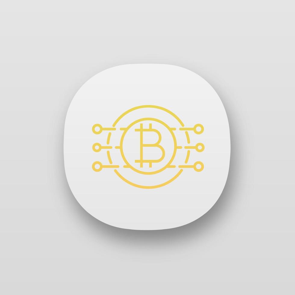 Bitcoin app icon. Virtual currency. Online banking. Bitcoin payment. Contour symbol. Microchip pathways with coin inside. UI UX user interface. Web or mobile application. Vector isolated illustration