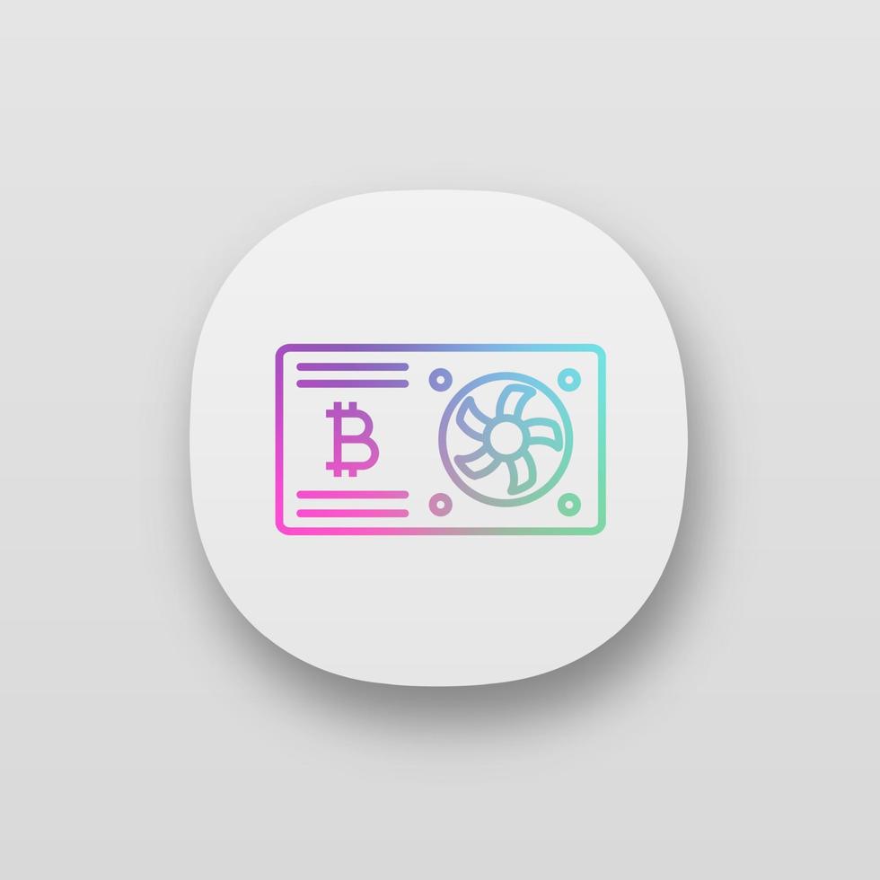 Bitcoin mining graphic card app icon. UI UX user interface. Video card for crypto business. Cryptocurrency gpu mining farm. Web or mobile application. Vector isolated illustration