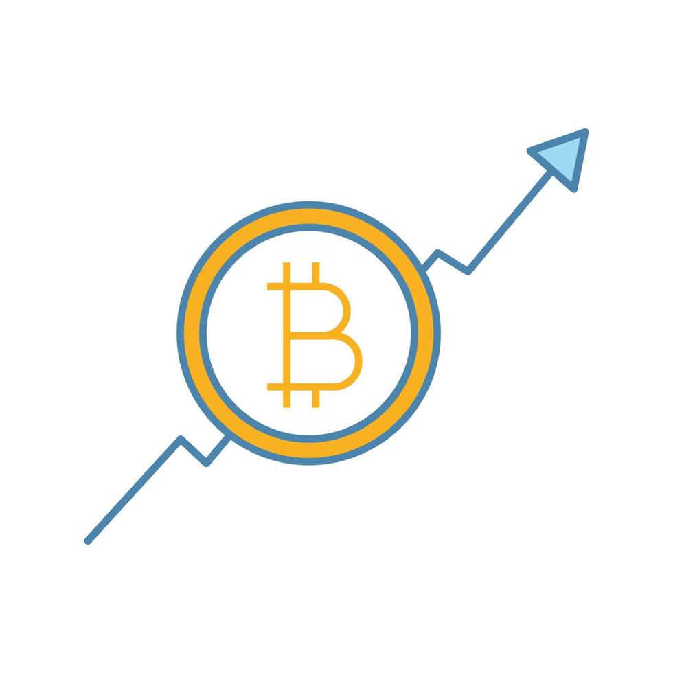 Bitcoin market growth chart color icon. Cryptocurrency prices rising. Statistics diagram with bitcoin sign. Isolated vector illustration