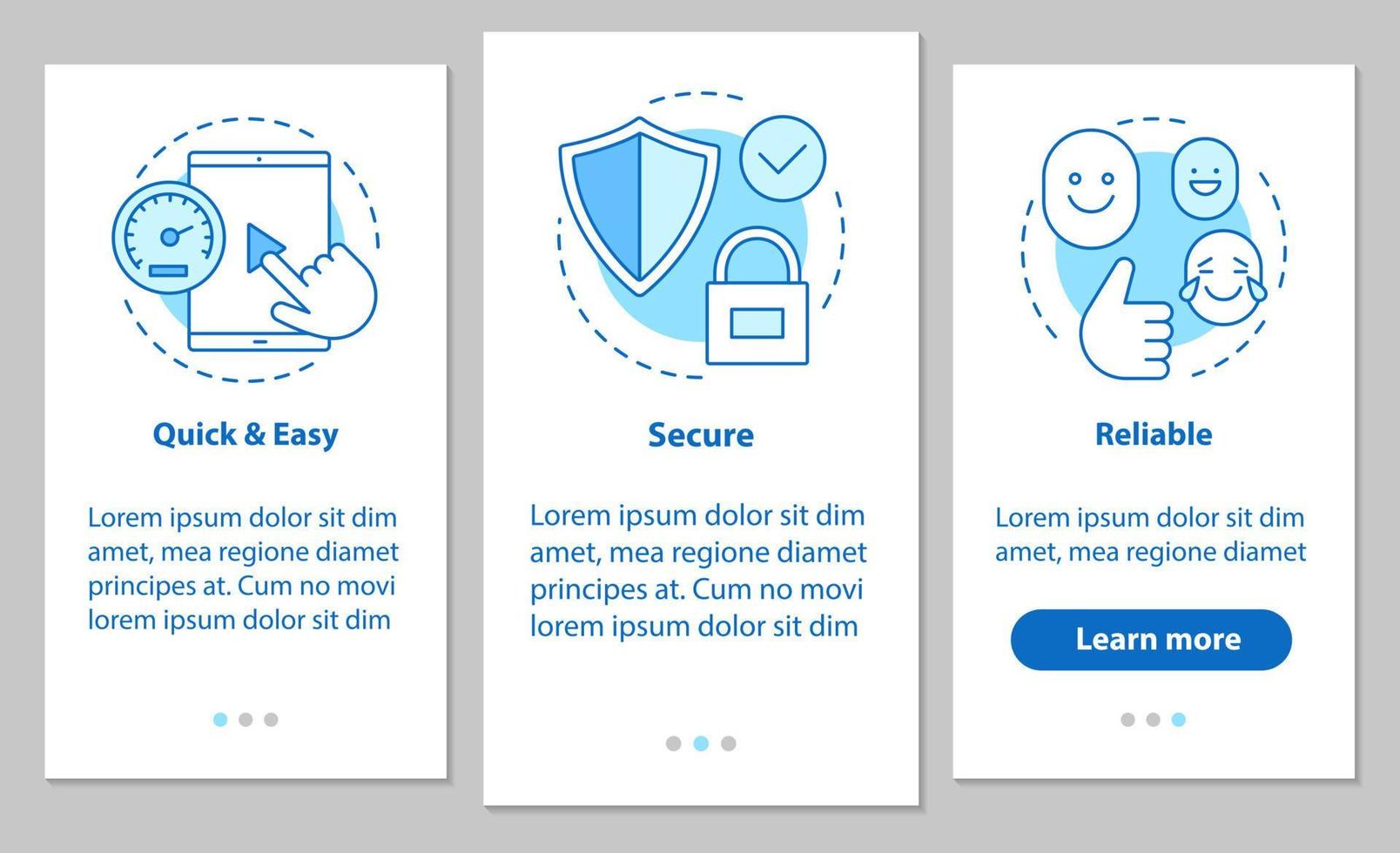 Digital service onboarding mobile app page screen with linear concepts. Quick and easy, secure, reliable software. Steps graphic instructions. UX, UI, GUI vector template with illustrations