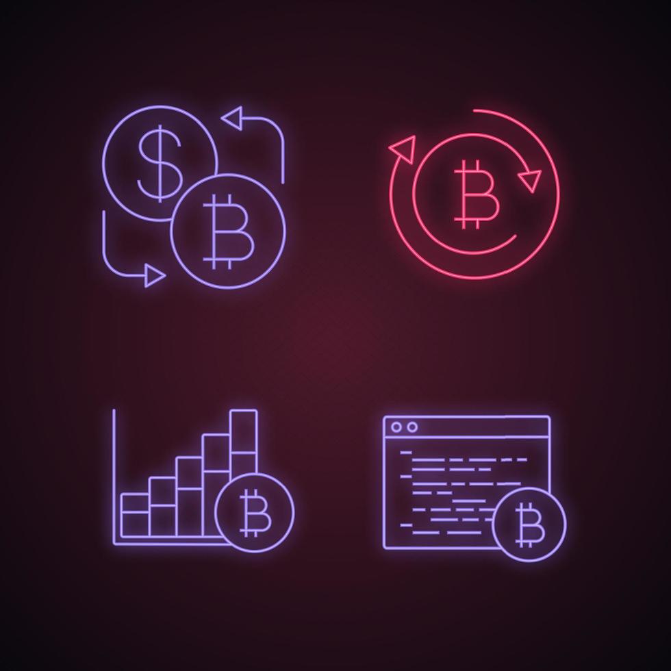 conjunto de iconos de luz de neón de criptomoneda bitcoin. cambio de moneda, reembolso de bitcoin, gráfico de crecimiento del mercado, software de minería. signos brillantes. Ilustraciones de vectores aislados