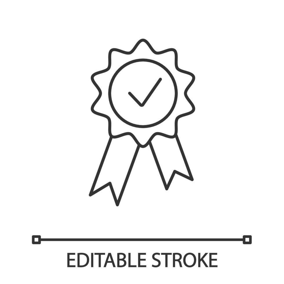 Award medal linear icon. Reward. Best choice medal. Thin line illustration. Certified. Seal with ribbon and check mark. Quality badge. Contour symbol. Vector isolated outline drawing. Editable stroke