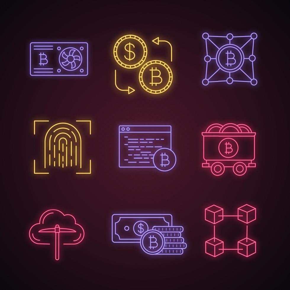 Bitcoin cryptocurrency neon light icons set. Graphic card, bitcoin exchange, mining software, fingerprint scan, mine cart, cloud mining, money, blockchain, fintech. Glowing signs. Vector illustrations