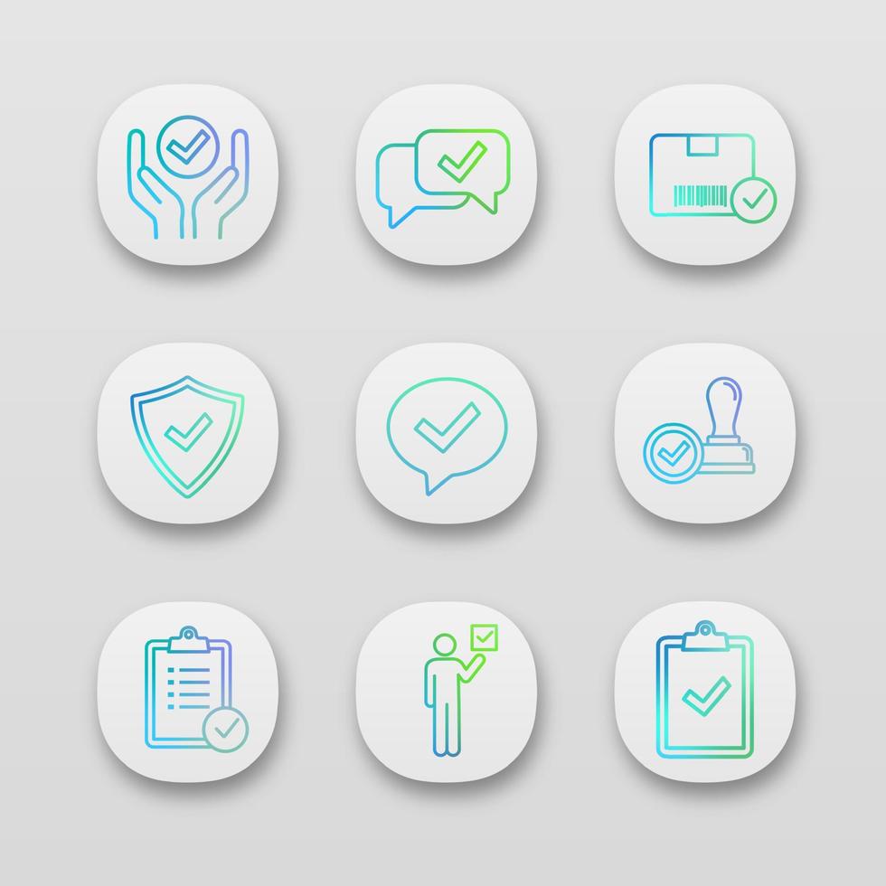 Approve app icons set. Quality service, approved chat, delivery, security, dialog, stamp, task planning, voter, clipboard with checkmark. UI UX user interface. Vector isolated illustrations