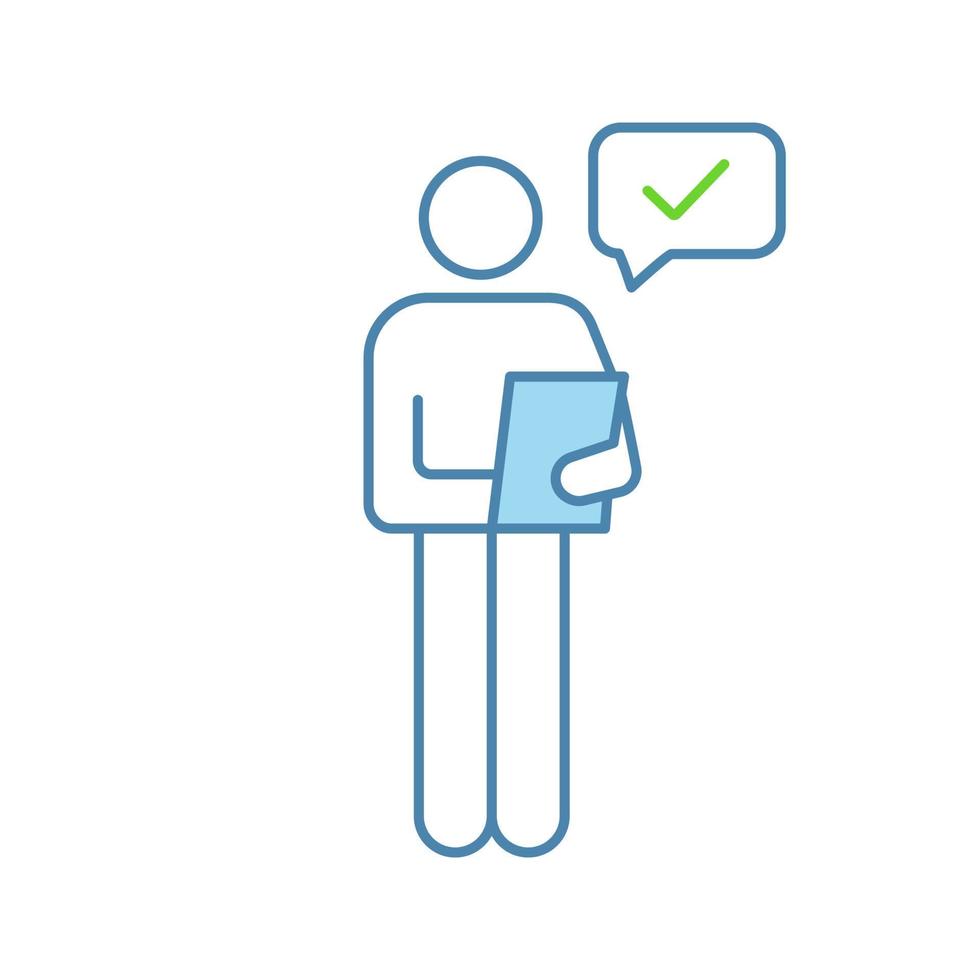 Person checking document color icon. Manager. Good news or results. Personal recommendation. HR manager reading resume. Successfully tested. Isolated vector illustration