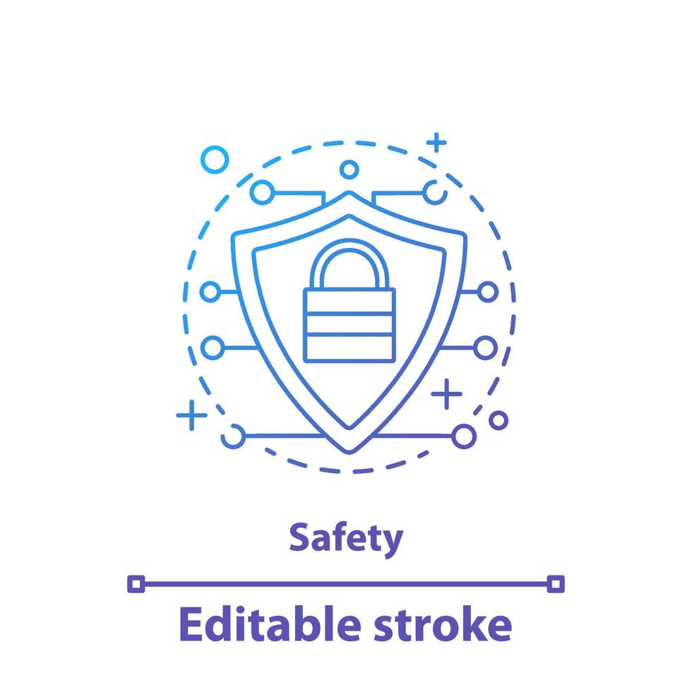 Safety concept icon. Protection, defense. Shield with padlock idea thin line illustration. Private information secure. Digital security. Vector isolated outline drawing. Editable stroke
