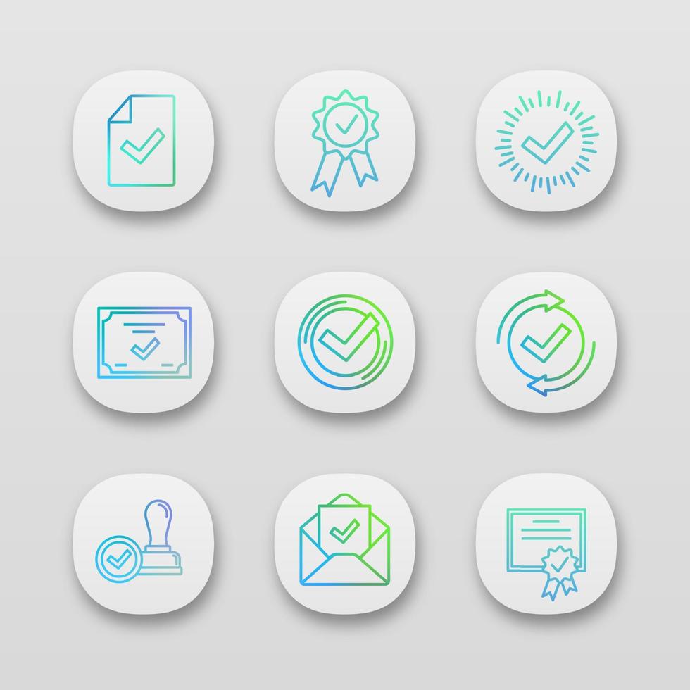 Approve app icons set. Document verification, award medal, check mark, certificate, checking process, license, email confirmation, approved stamp. UI UX user interface. Vector isolated illustrations