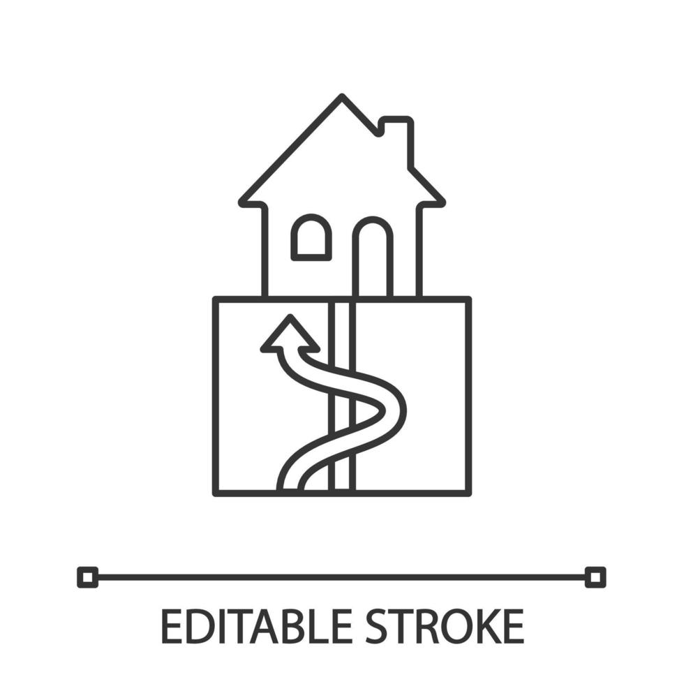 Geothermal energy linear icon. Ground heat pump. Thin line illustration. Ecological house heating. Contour symbol. Vector isolated outline drawing. Editable stroke