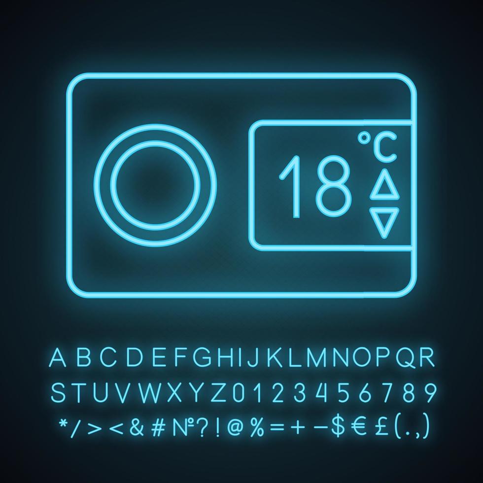 Digital thermostat neon light icon. Climate control display. Temperature regulation. Air conditioning remote. Glowing sign with alphabet, numbers and symbols. Vector isolated illustration