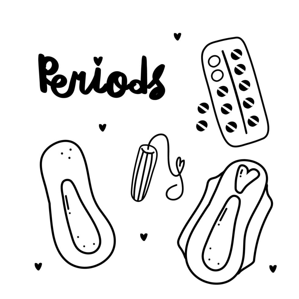 Hand drawn doodle vector set of hygiene products for menstruation