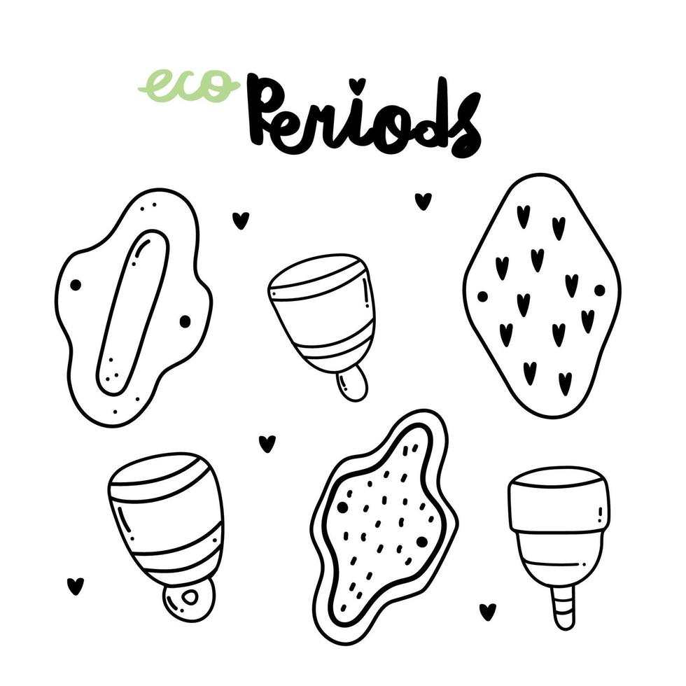 Hand drawn doodle vector set of eco-friendly hygiene products for menstruation