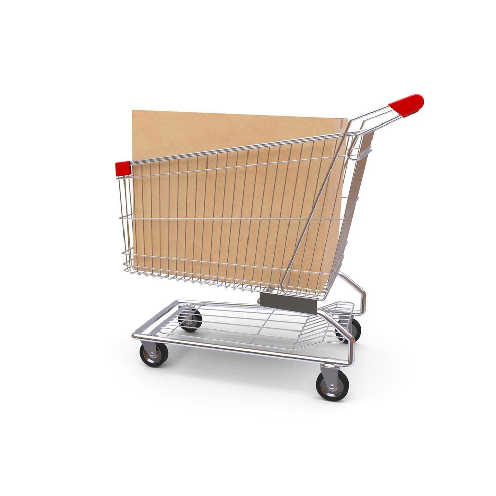 Shopping cart with box on white background photo