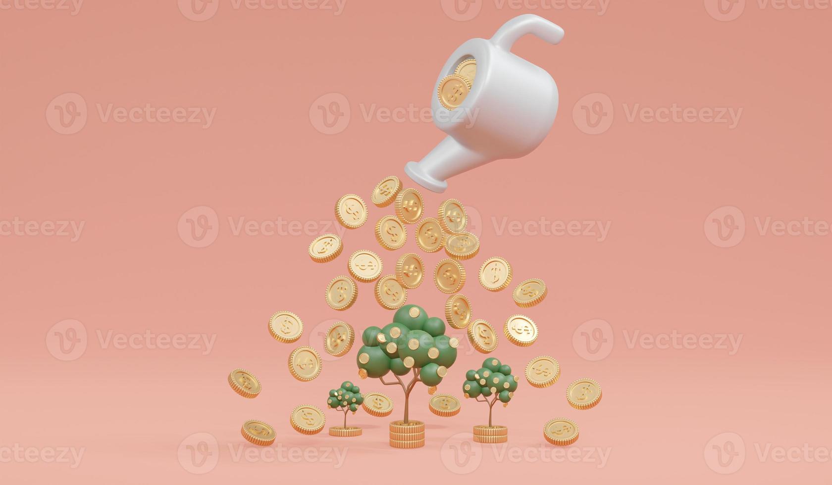 Representación 3d del crecimiento del árbol del dinero por monedas del concepto de olla de agua de crecimiento del dinero, crecimiento de la inversión, crecimiento financiero, decisión de inversión. procesamiento 3d ilustración 3d foto