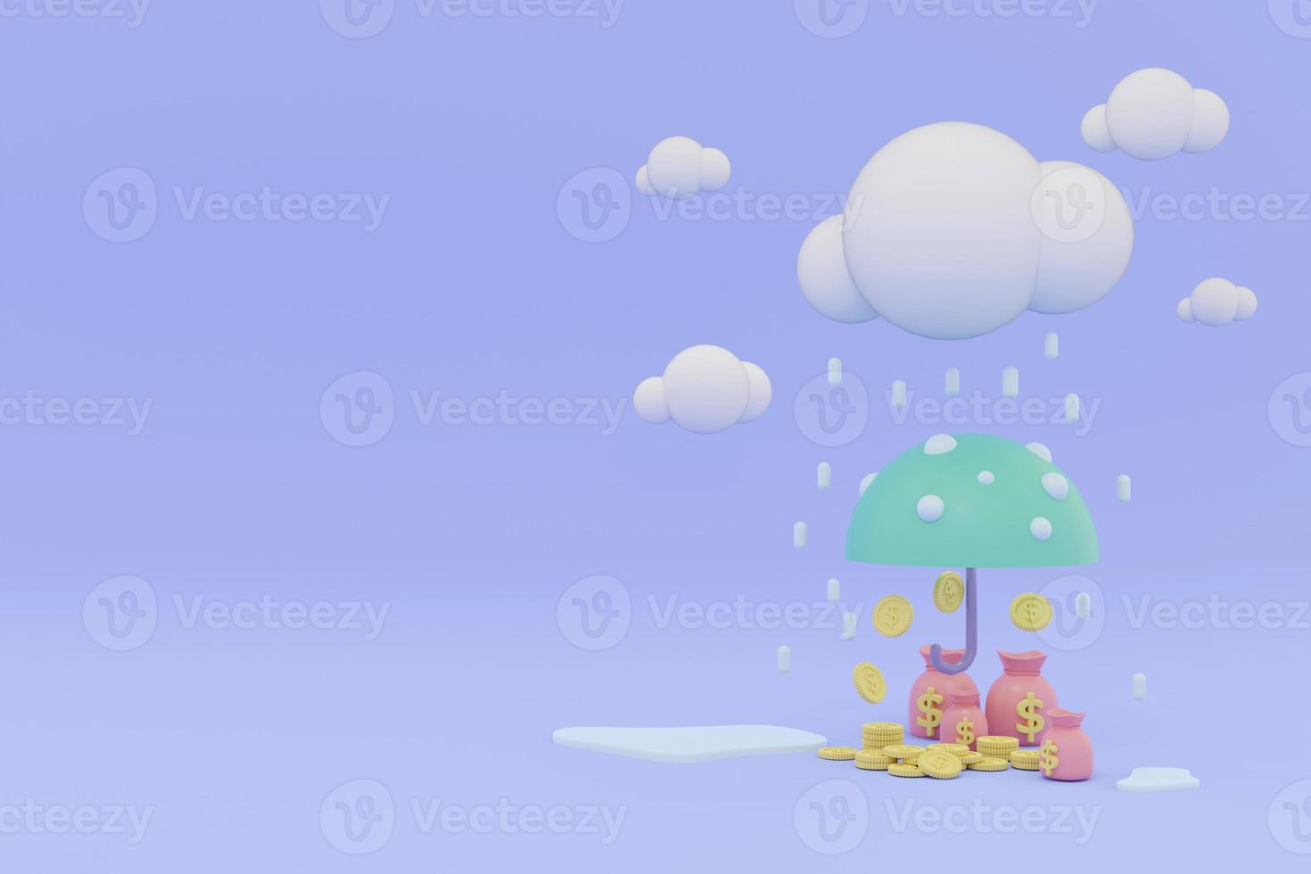 3D Rendering concept of money insurance, financial services. Pastel coins and moneybag under an umbrella in rain with space for text on the left. 3D Render. 3d illustration. Minimal style. photo