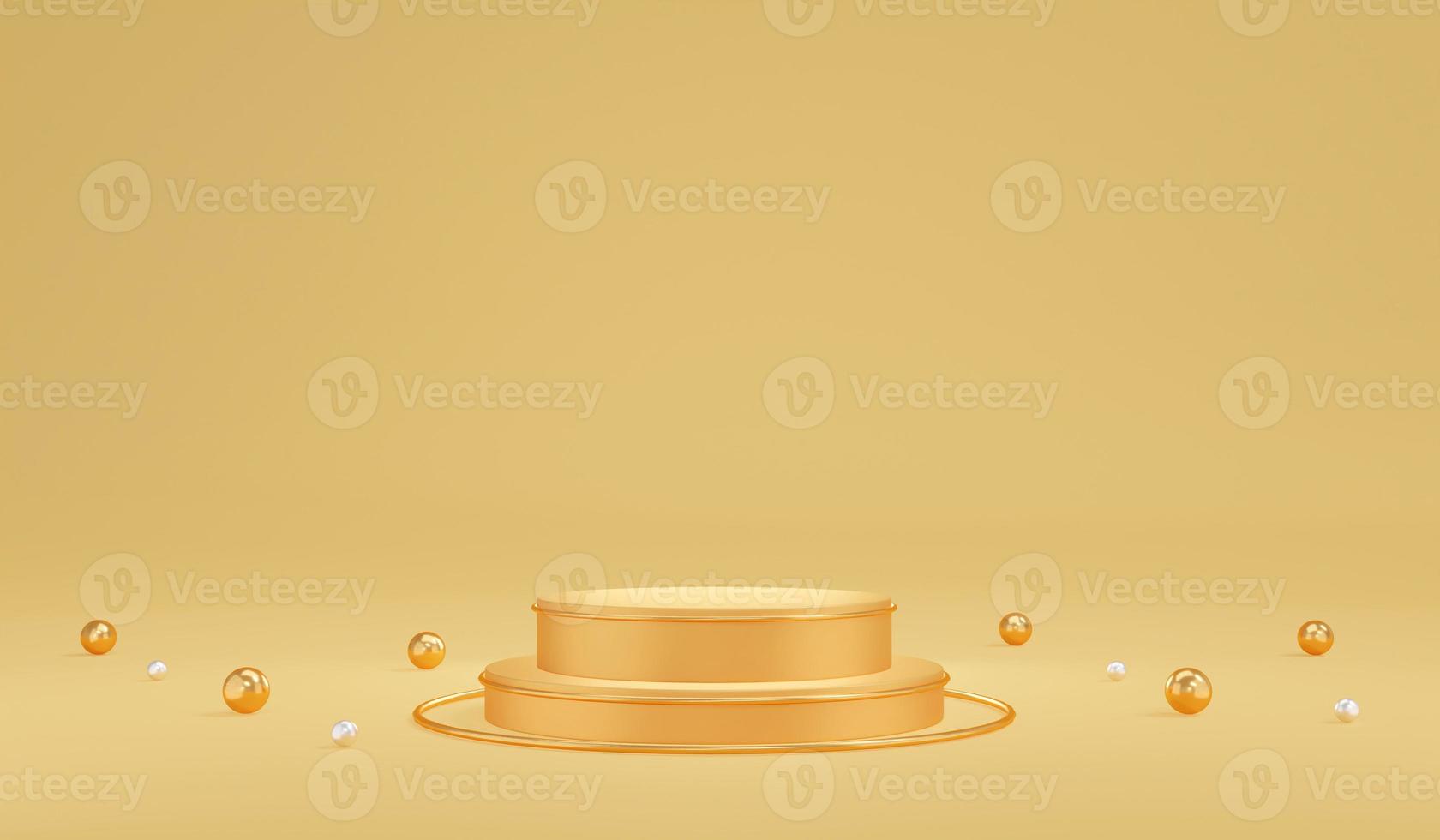 3D rendering concept of blank gold podium product display with sphere shape decoration elements for commercial cosmetic luxury design. 3D Rendering. 3D illustration. photo