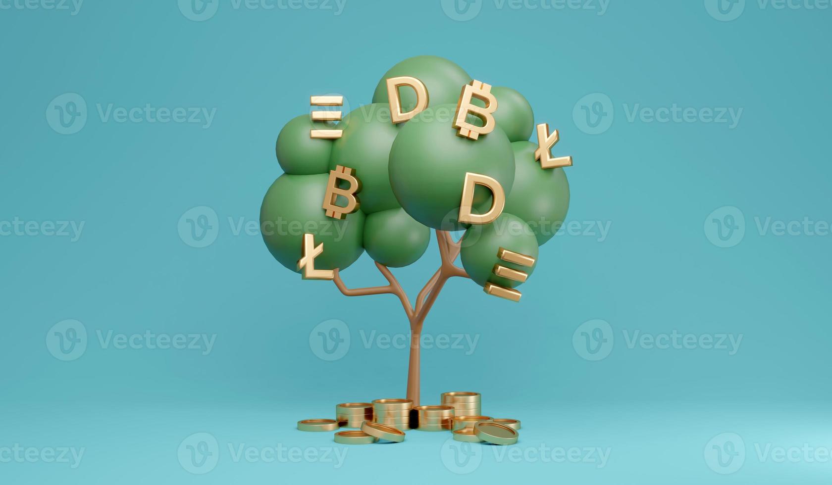 3D Rendering concept of cryptocurrency money tree. Cryptocurrency symbols on tree on background. 3D Render. 3d illustration. Bitcoin, Ethereum, Dogecoin, litecoin. photo