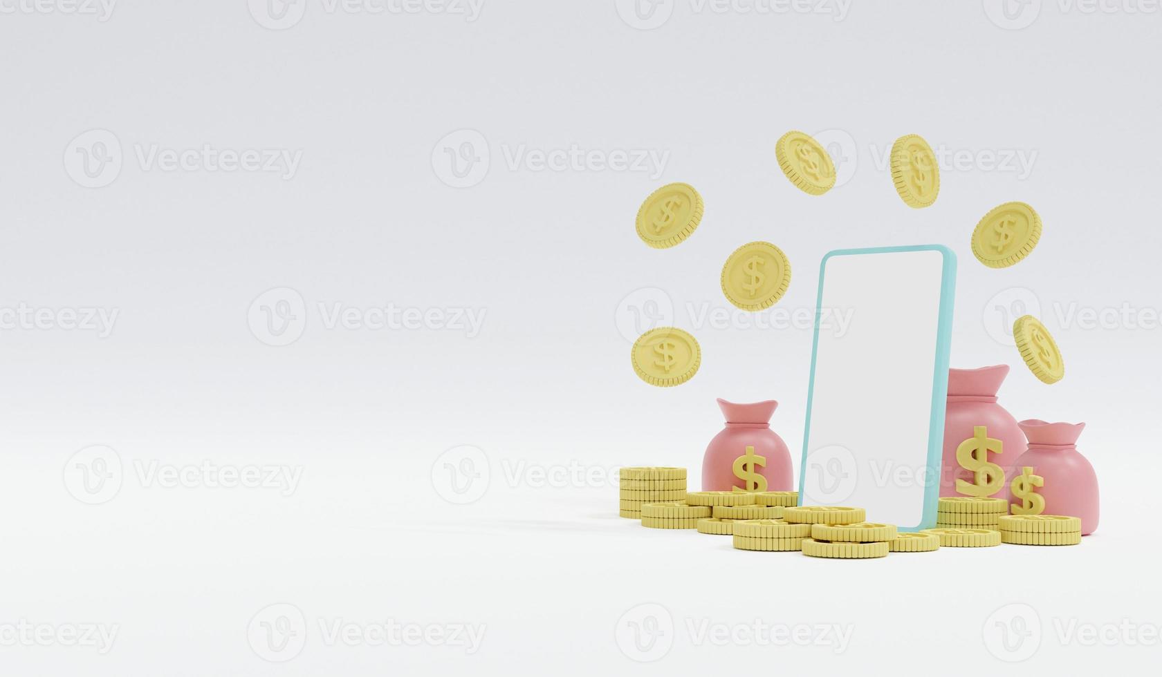 concepto de representación 3d de dinero en línea, servicios financieros, inversión. monedas pastel y bolsa de dinero con espacio para texto a la izquierda sobre fondo blanco. procesamiento 3d ilustración. estilo minimalista. foto