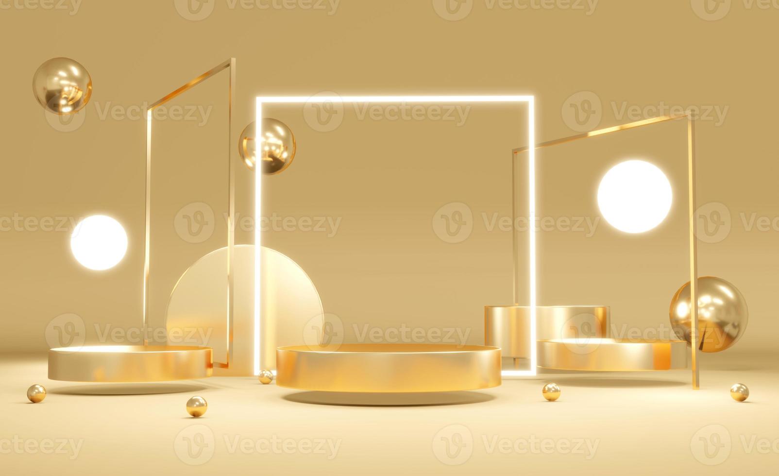 3D rendering concept of gold glowing led line lights square and sphere with a blank podium in golden theme for commercial cosmetic luxury design. 3D illustration. Abstract light concept. photo