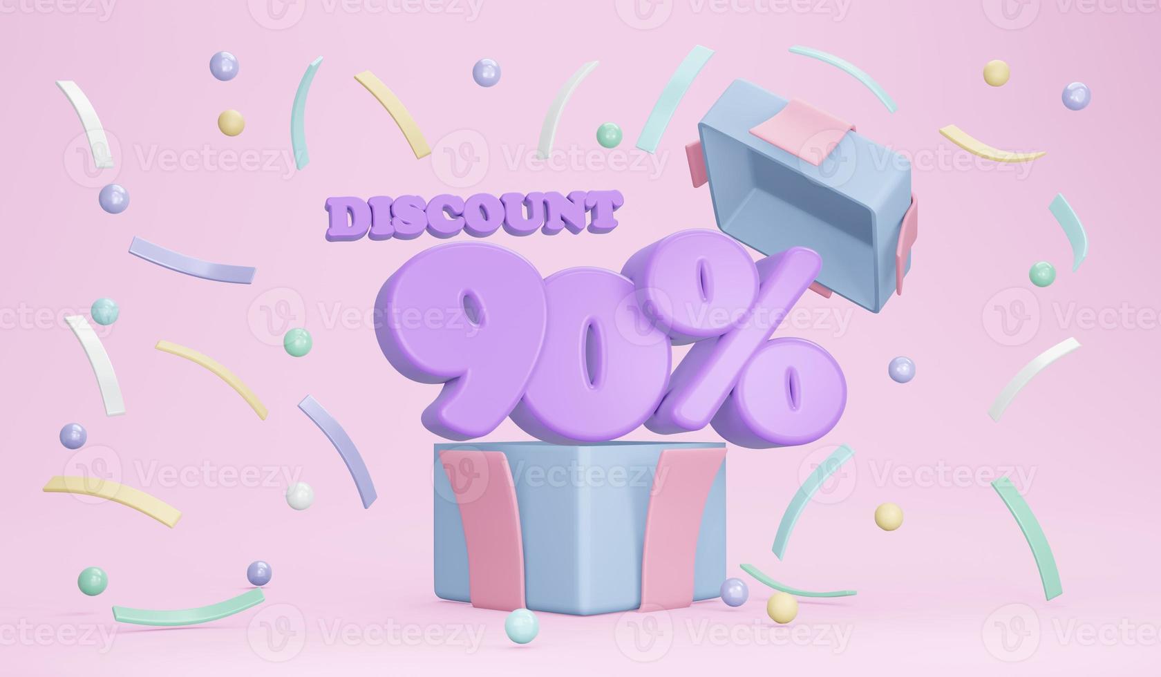 Discount banners 90 percent. 3D rendering of explosion of opened gift box showing discount percentage and confetti on background. 3D Render. 3D illustration. photo