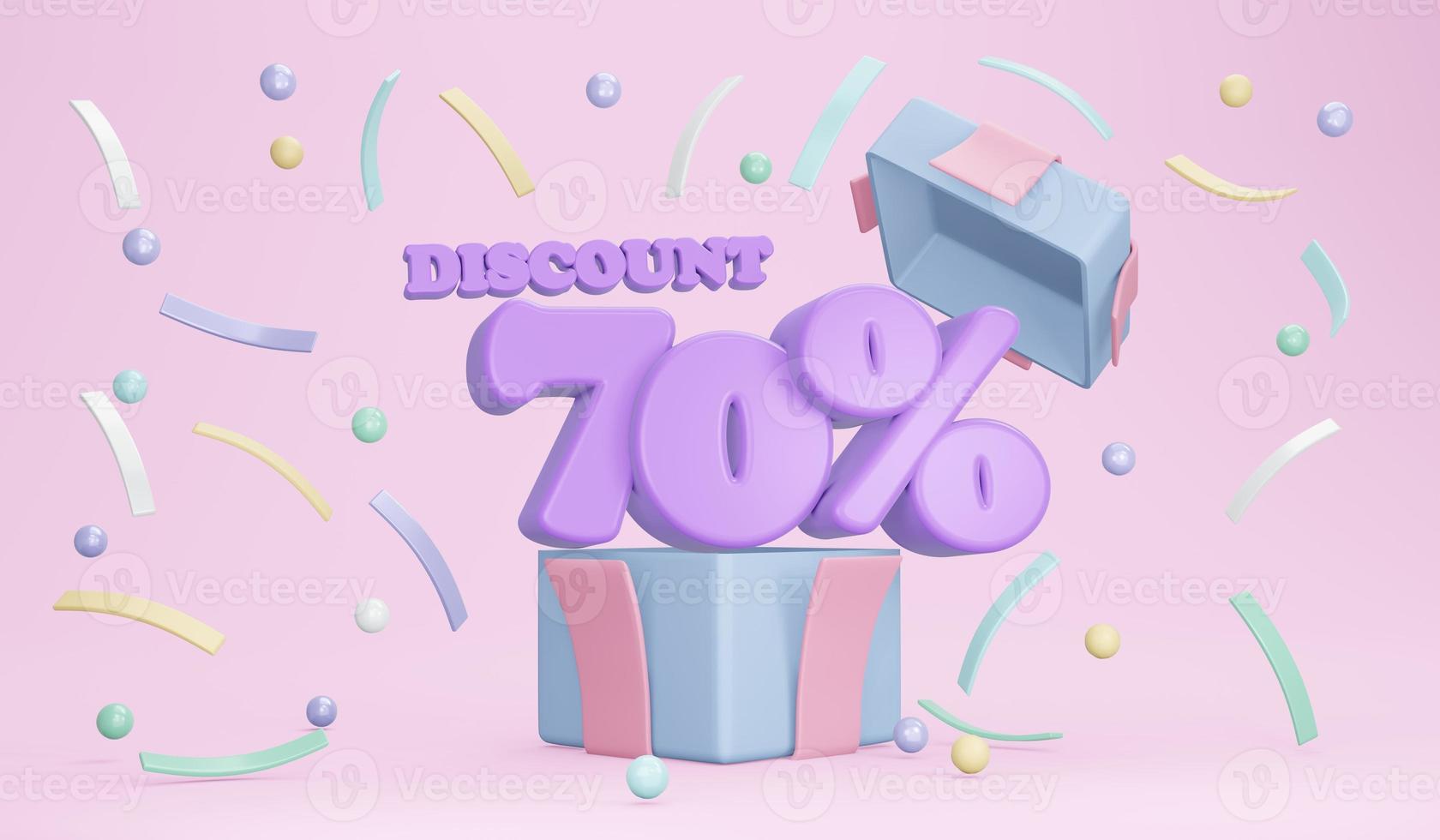 Discount banners 70 percent. 3D rendering of explosion of opened gift box showing discount percentage and confetti on background. 3D Render. 3D illustration. photo