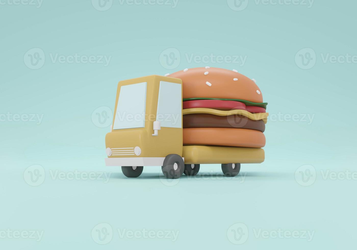 Representación 3d de un camión con una gran hamburguesa en el concepto de fondo del servicio de entrega de hamburguesas. Ilustración de procesamiento 3d. foto