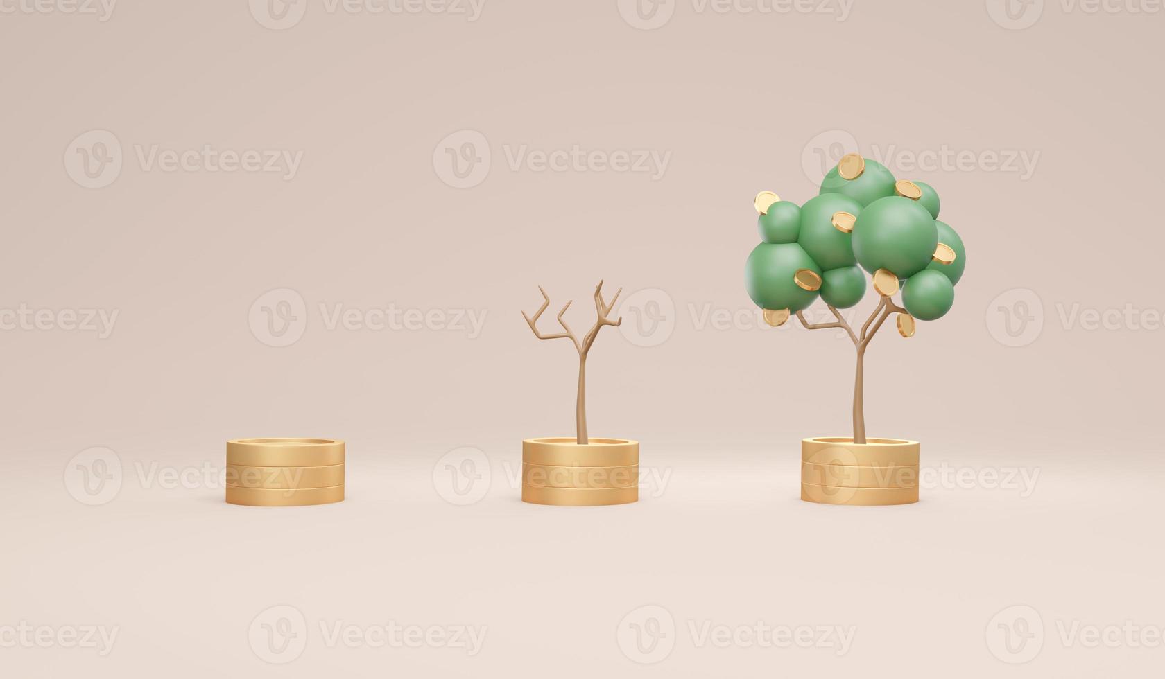 Árboles de renderizado 3d con monedas en pilas de monedas de pequeño a grande en el tema sobre el concepto de fondo del crecimiento financiero del árbol del dinero. Ilustración de procesamiento 3d. inversión financiera foto