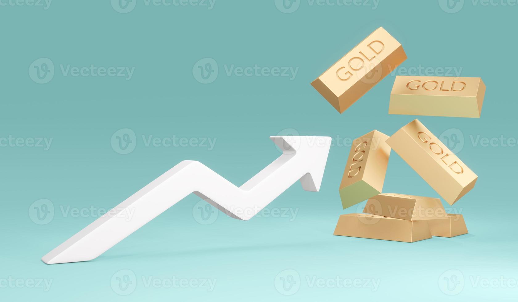 Barras de oro de representación 3d con flecha apuntando hacia arriba en el concepto de fondo de la inversión financiera del precio del oro. Ilustración de procesamiento 3d. foto