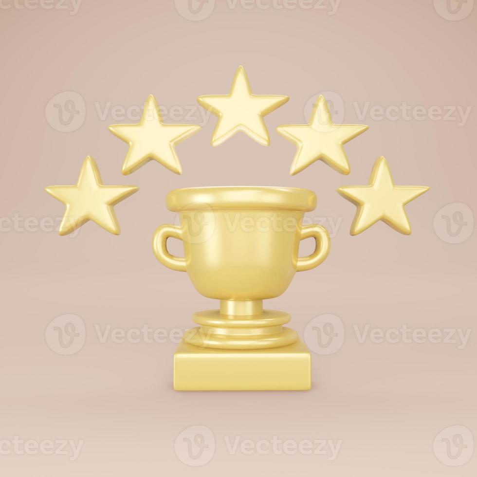 3D Rendering concept of winner. Trophy with stars in gold on pink background. 3D Render. 3D illustration. Minimal design template. photo