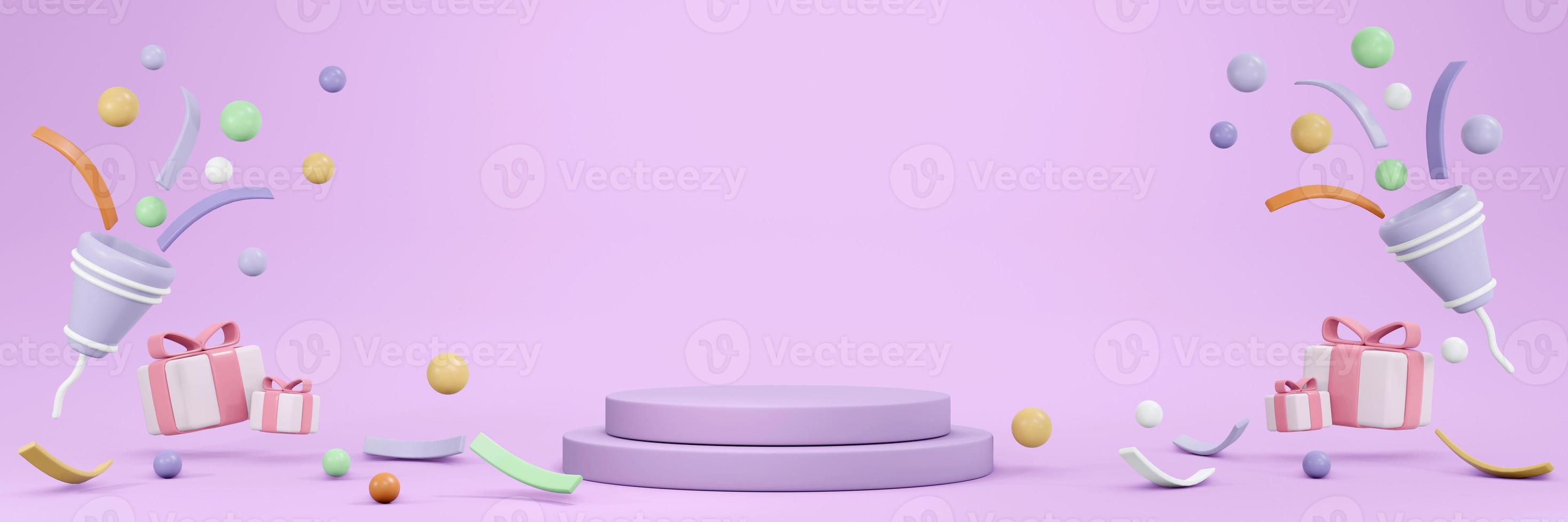 3D Rendering of party popper and confetti with podium in pastel theme banner background. 3D Render illustration. photo