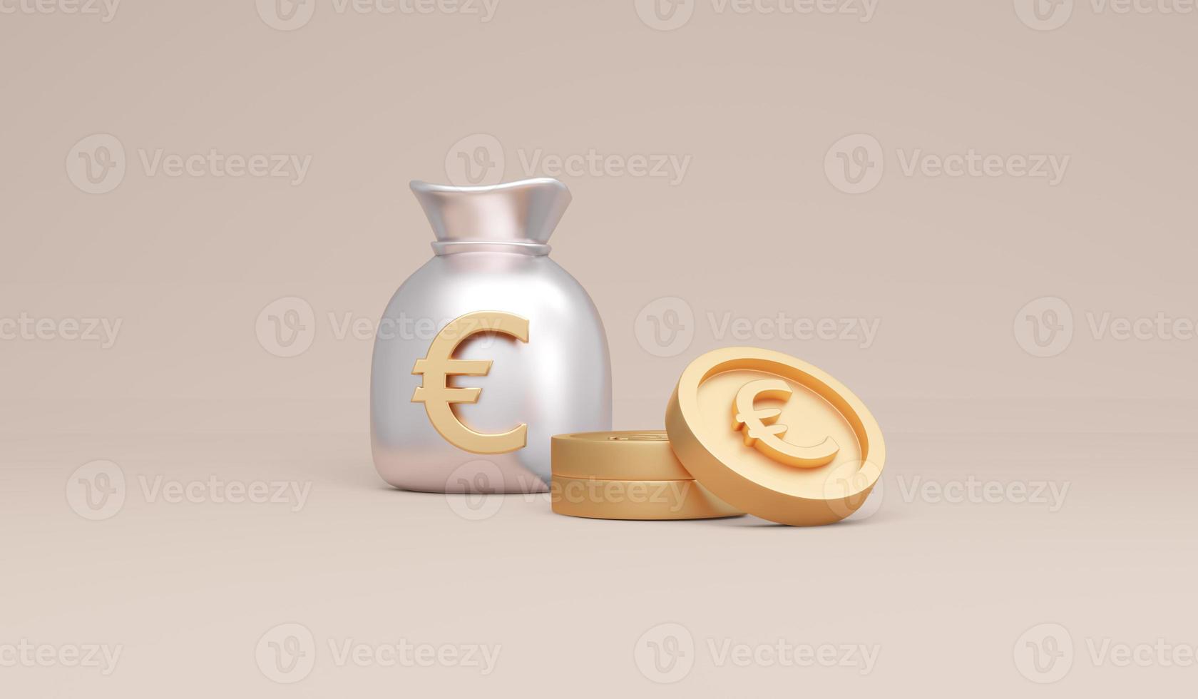 3D Rendering symbols Euro money bag and coins concept of money currencies. 3D Render. 3d illustration. photo