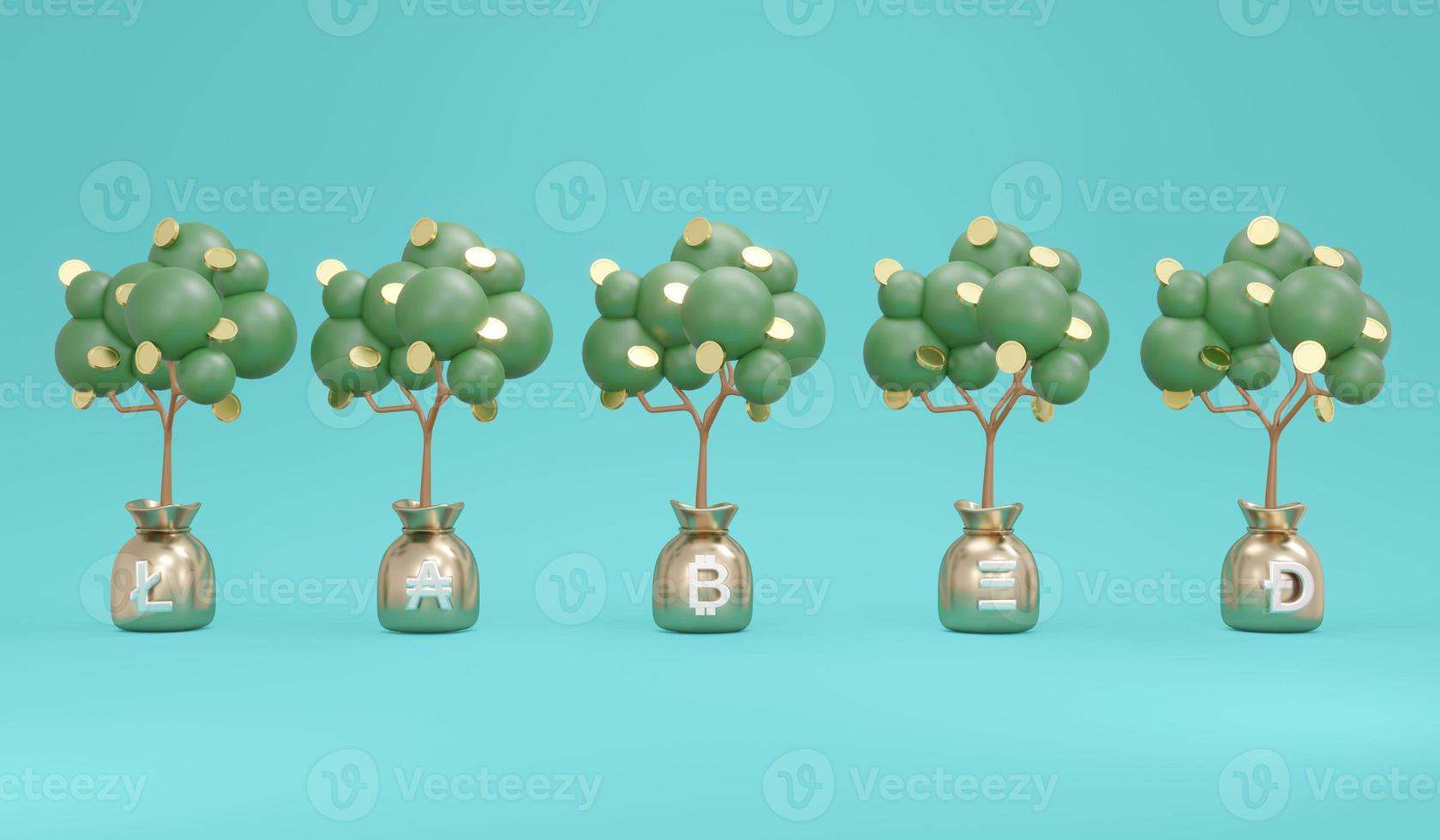 3D Rendering concept of investment money tree with symbols of cryptocurrency lite coin, bitcoin, ethereum, dogecoin on background. 3D Render illustration. photo