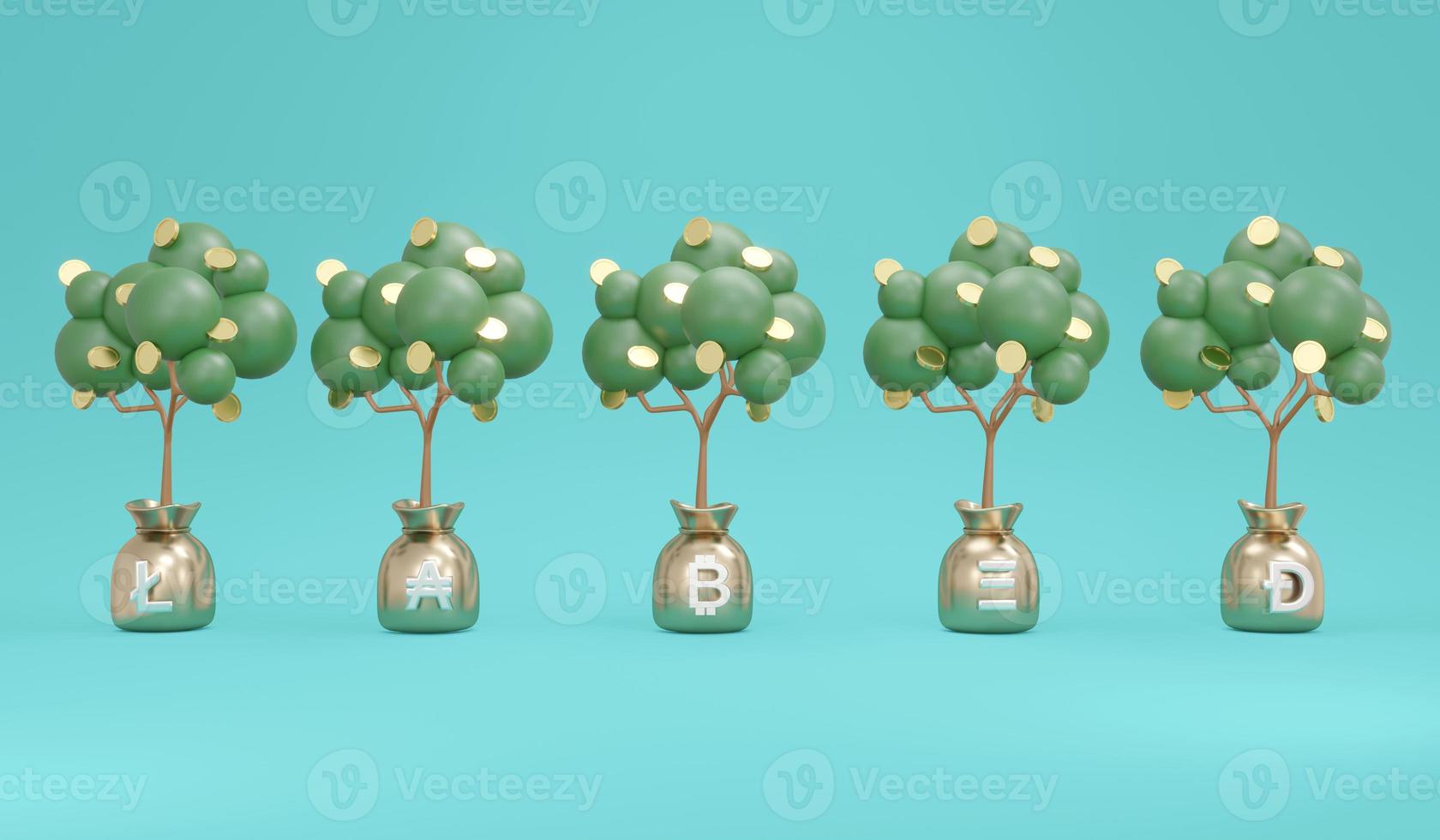 Concepto de renderizado 3d de árbol de dinero de inversión con símbolos de criptomoneda lite coin, bitcoin, ethereum, dogecoin en segundo plano. Ilustración de procesamiento 3d. foto