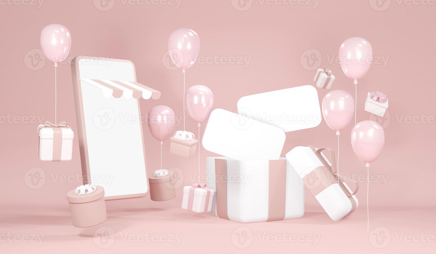 3D rendering concept of a present box opens up to show blank papers for commercial design with decoration elements balloons and gifts. 3D render. photo