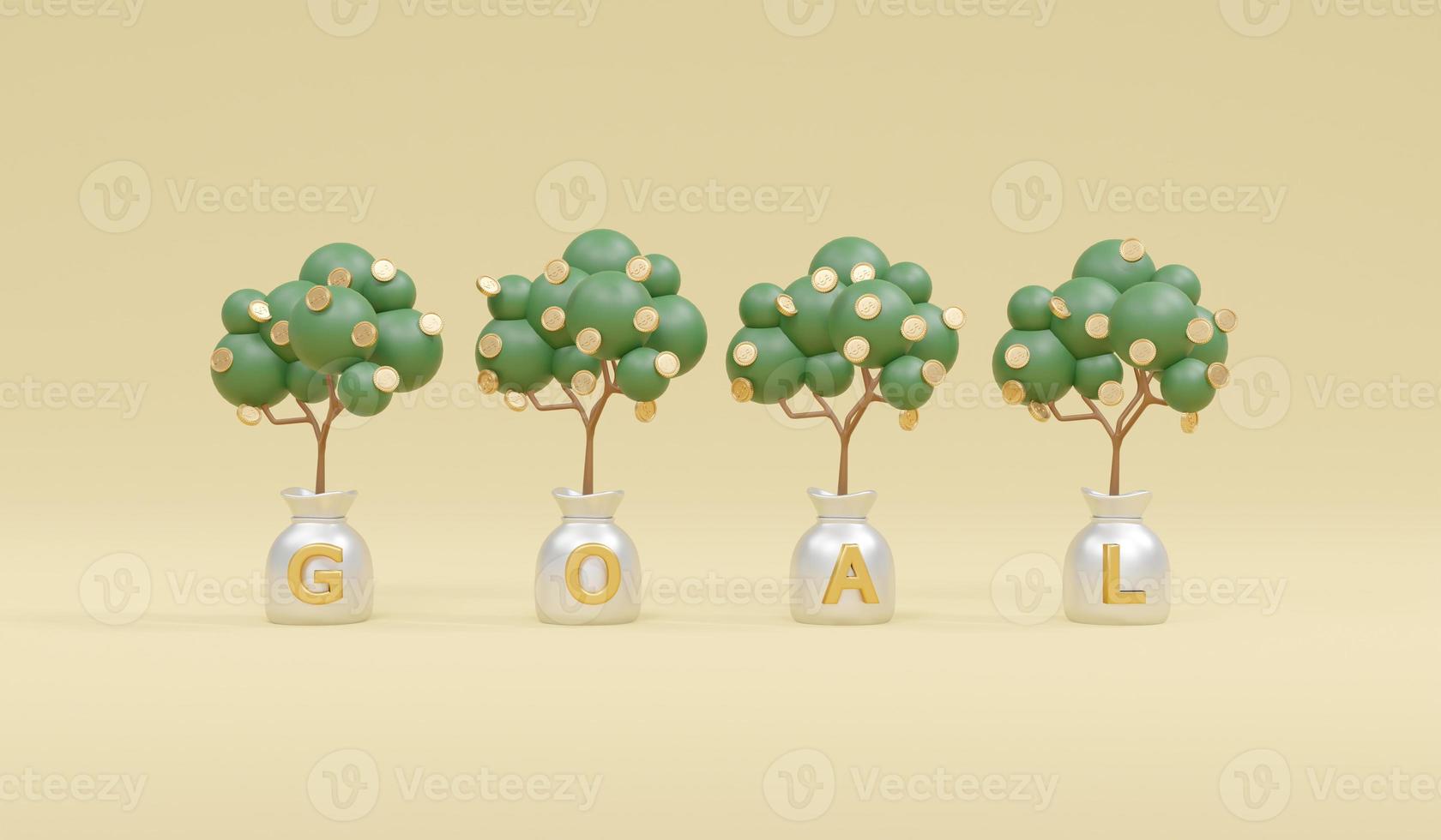 3D Rendering of money bag with money tree growing with text G O A L concept of new year resolution financial investment goal. 3D Render. photo