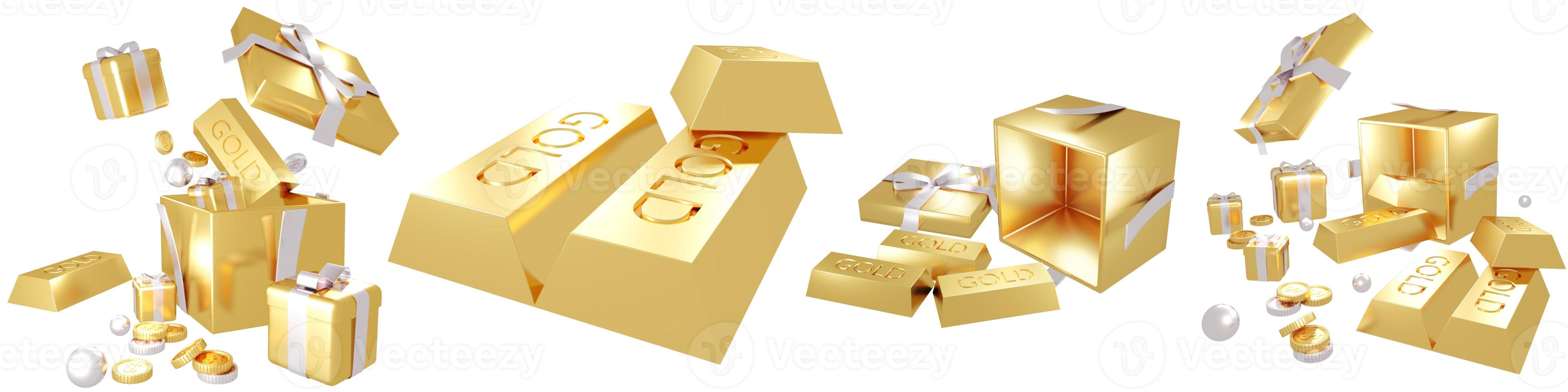 Set of 3D Rendering of golden gold bar and gift elements isolate on white background. 3D Render illustration. photo